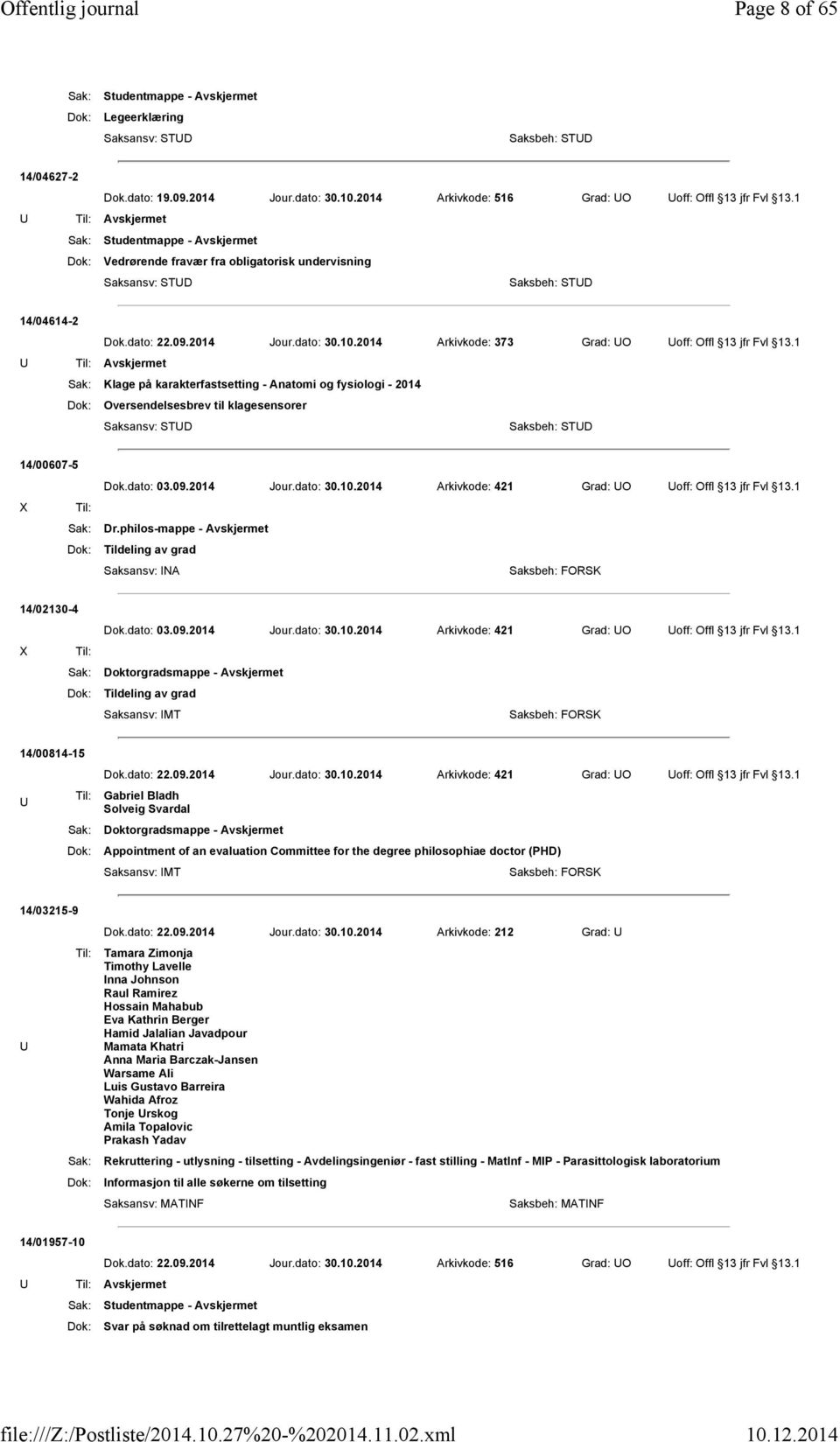 2014 Arkivkode: 373 Grad: UO Uoff: Offl 13 jfr Fvl 13.1 U Til: Avskjermet Sak: Klage på karakterfastsetting - Anatomi og fysiologi - 2014 Dok: Oversendelsesbrev til klagesensorer 14/00607-5 Dok.