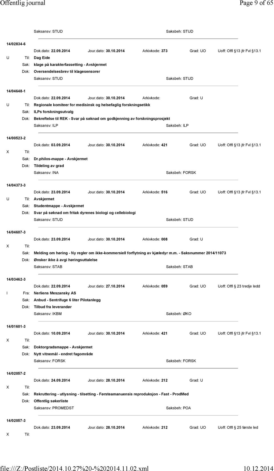 2014 Arkivkode: Grad: U U Til: Regionale komiteer for medisinsk og helsefaglig forskningsetikk Sak: ILPs forskningsutvalg Dok: Bekreftelse til REK - Svar på søknad om godkjenning av