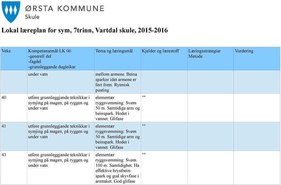 Samtidige arm og beinspark. Hodet i vannet. Glifase elementær ryggsvømming: Svøm 50 m. Samtidige arm og beinspark.