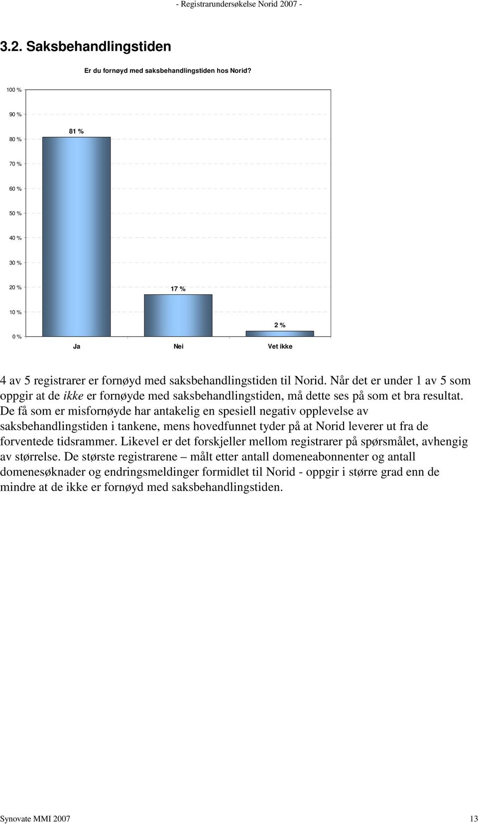 De få som er misfornøyde har antakelig en spesiell negativ opplevelse av saksbehandlingstiden i tankene, mens hovedfunnet tyder på at Norid leverer ut fra de forventede tidsrammer.