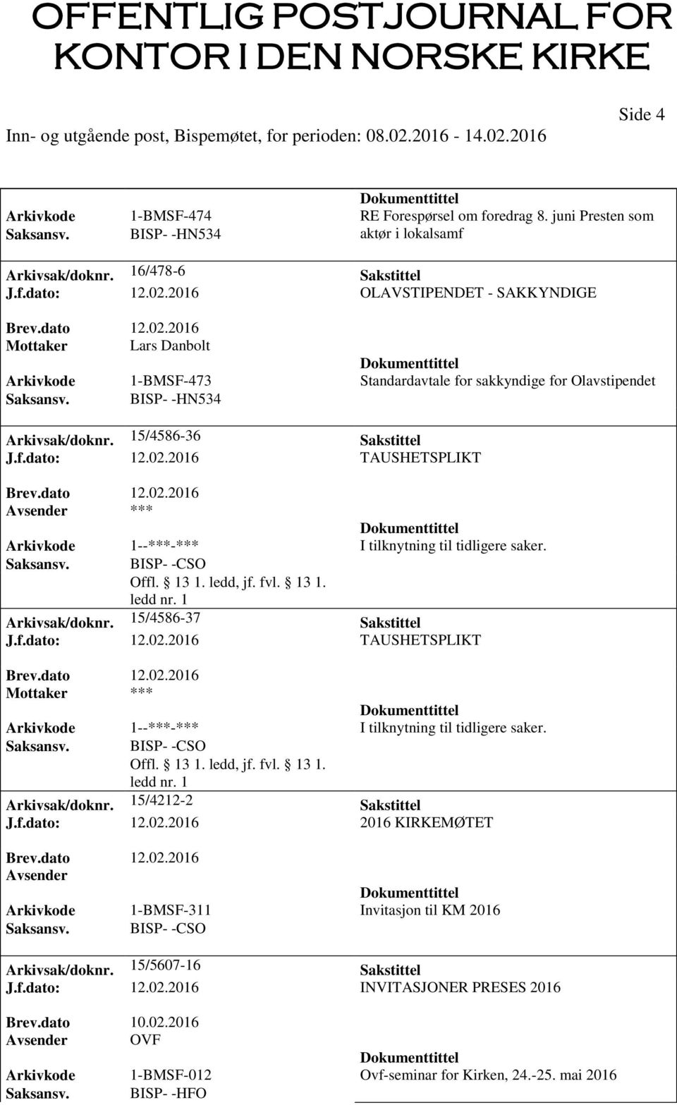 2016 TAUSHETSPLIKT Avsender *** Arkivkode 1--***-*** I tilknytning til tidligere saker. Offl. 13 1. ledd, jf. fvl. 13 1. ledd nr. 1 Arkivsak/doknr. 15/4586-37 Sakstittel J.f.dato: 12.02.