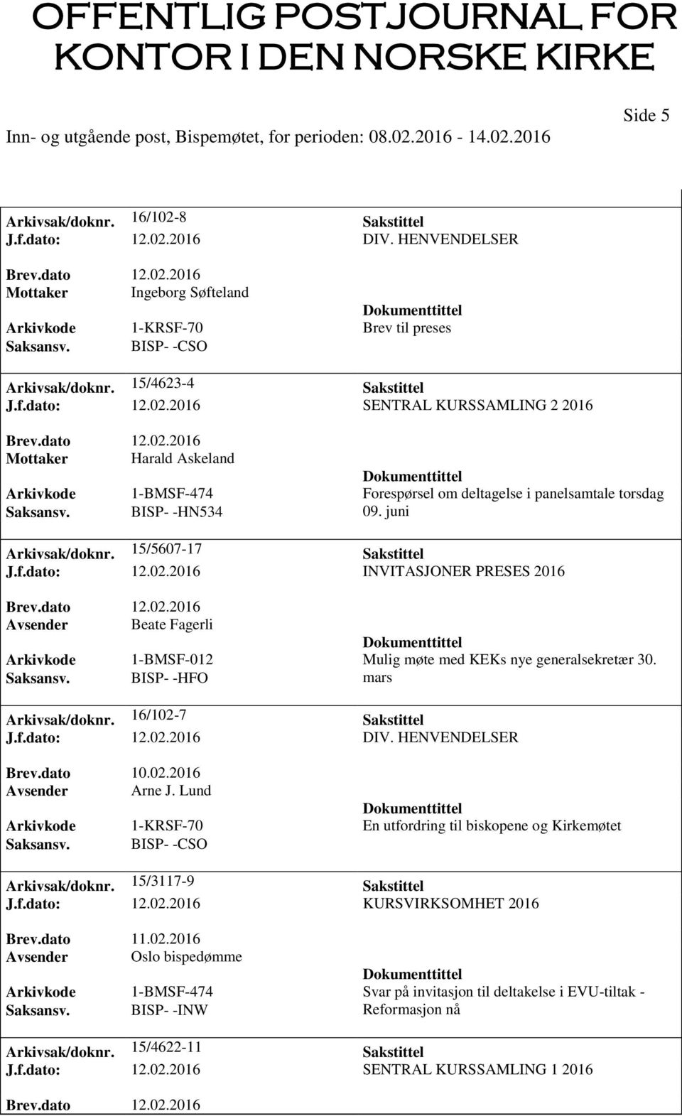 16/102-7 Sakstittel J.f.dato: 12.02.2016 DIV. HENVENDELSER Brev.dato 10.02.2016 Avsender Arne J. Lund Arkivkode 1-KRSF-70 En utfordring til biskopene og Kirkemøtet Arkivsak/doknr.