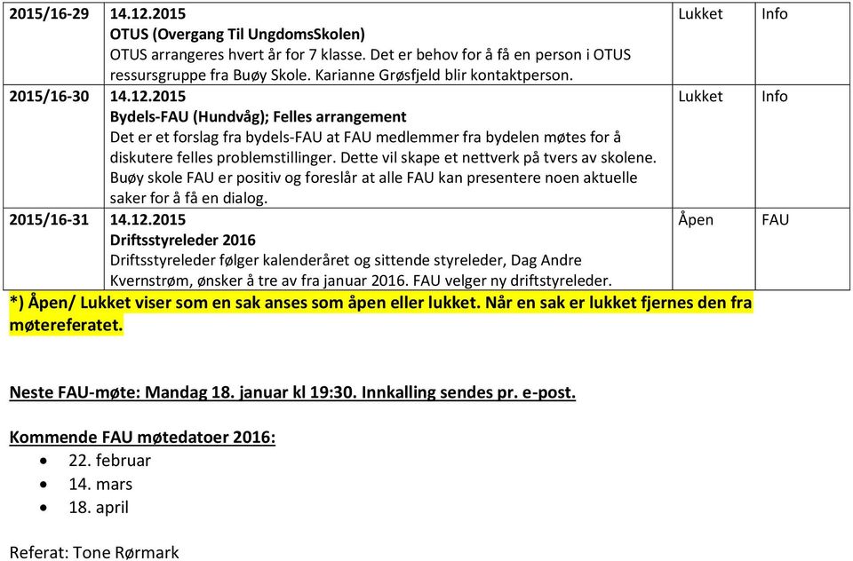 2015 Bydels-FAU (Hundvåg); Felles arrangement Det er et forslag fra bydels-fau at FAU medlemmer fra bydelen møtes for å diskutere felles problemstillinger.