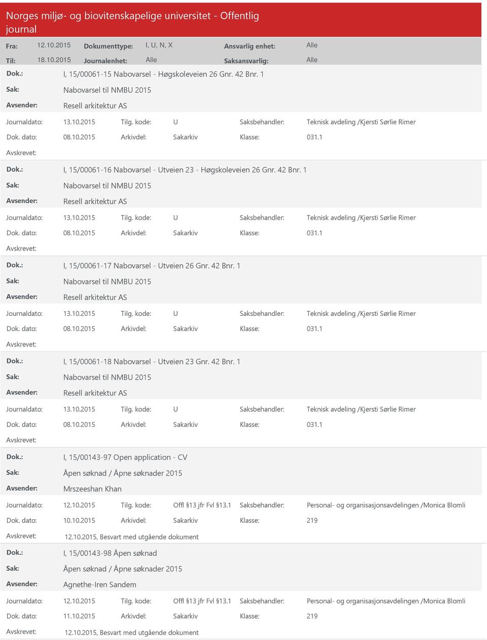 2015 Arkivdel: Sakarkiv 031.1 I, 15/00061-17 Nabovarsel - tveien 26 Gnr. 42 Bnr. 1 Nabovarsel til NMB 2015 Resell arkitektur AS Teknisk avdeling /Kjersti Sørlie Rimer Dok. dato: 08.10.