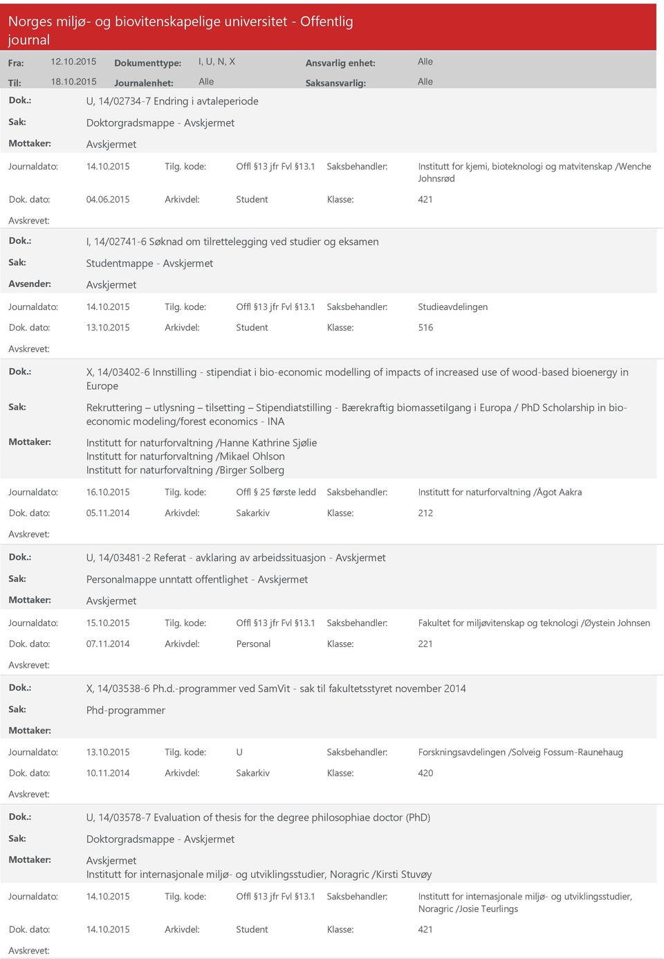 2015 Arkivdel: Student 516 X, 14/03402-6 Innstilling - stipendiat i bio-economic modelling of impacts of increased use of wood-based bioenergy in Europe Rekruttering utlysning tilsetting