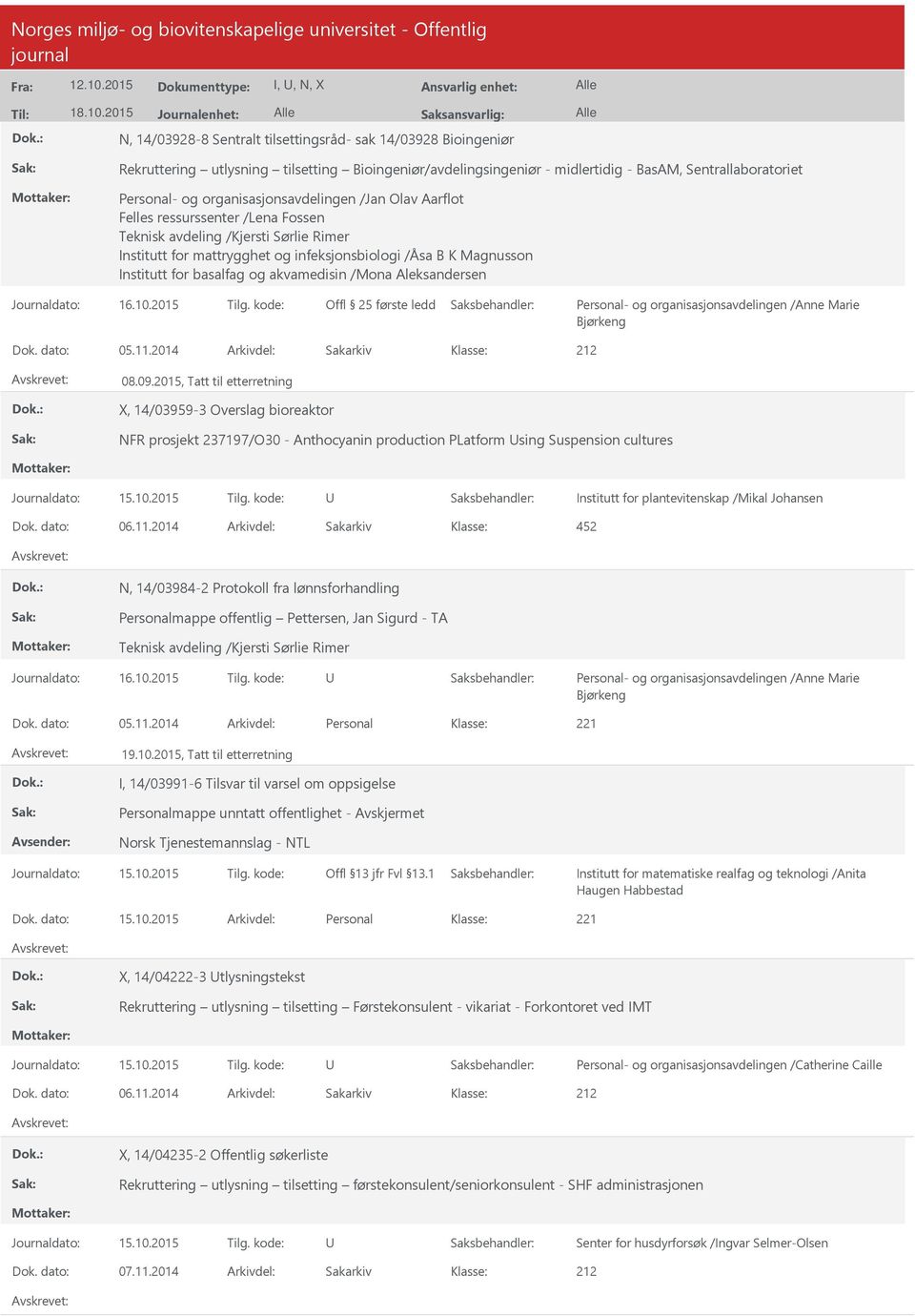 og organisasjonsavdelingen /Jan Olav Aarflot Felles ressurssenter /Lena Fossen Teknisk avdeling /Kjersti Sørlie Rimer Institutt for mattrygghet og infeksjonsbiologi /Åsa B K Magnusson Institutt for