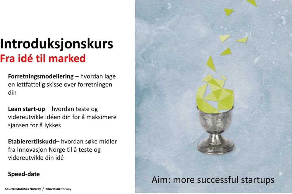 sjansen for å lykkes Etablerertilskudd hvordan søke midler fra Innovasjon Norge til å teste og