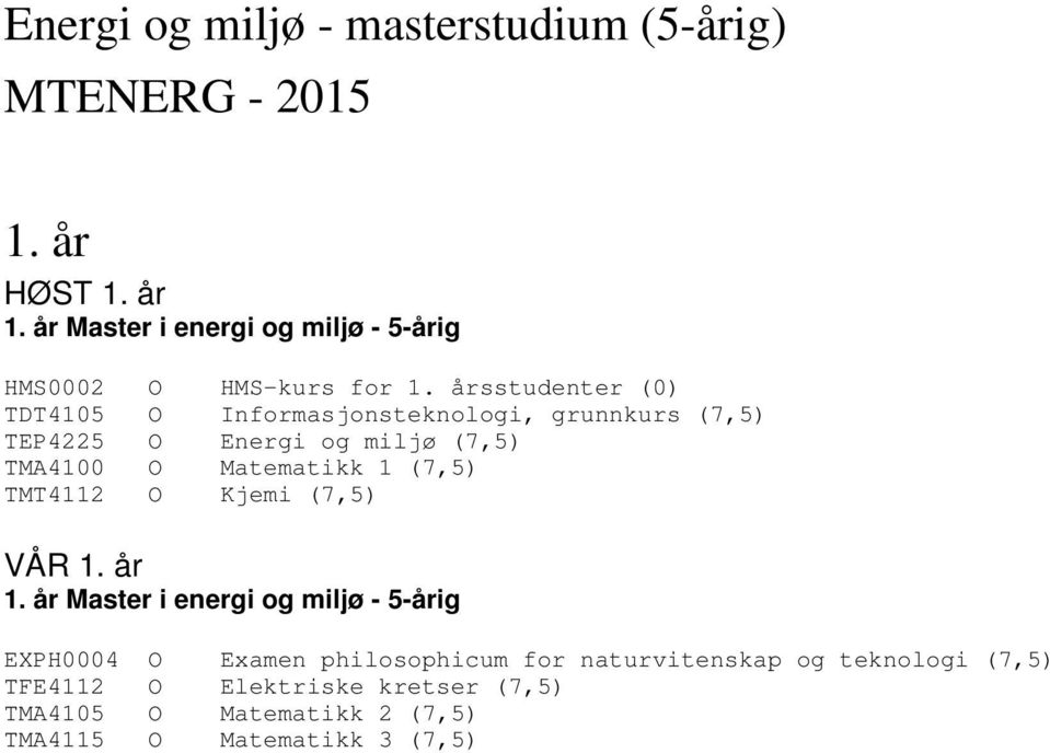 årsstudenter (0) TDT4105 O Informasjonsteknologi, grunnkurs (7,5) TEP4225 O Energi og miljø (7,5) TMA4100 O Matematikk 1