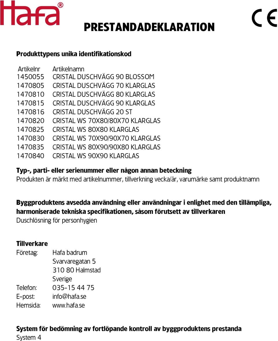 WS 80X90/90X80 KLARGLAS 1470840 CRISTAL WS 90X90 KLARGLAS Typ-, parti- eller serienummer eller någon annan beteckning Produkten är märkt med artikelnummer, tillverkning vecka/år, varumärke samt
