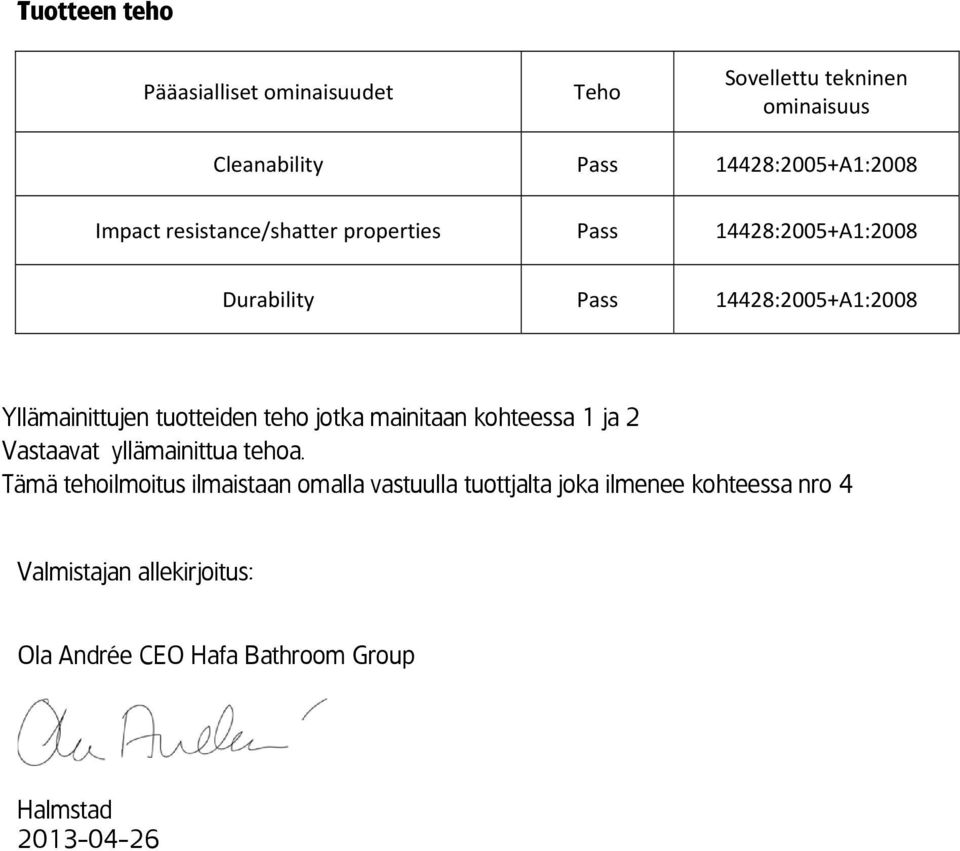 tuotteiden teho jotka mainitaan kohteessa 1 ja 2 Vastaavat yllämainittua tehoa.