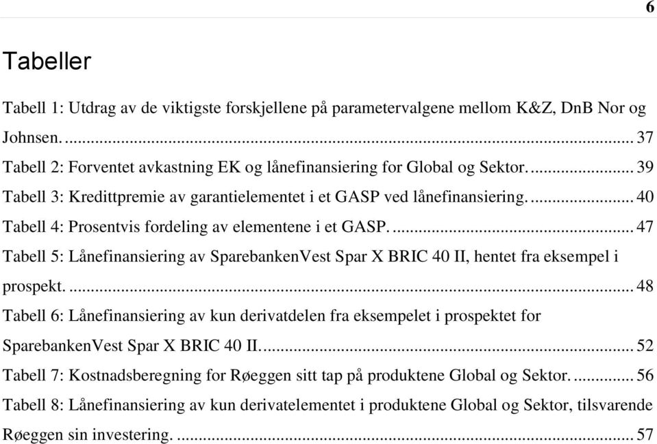 ... 47 Tabell 5: Lånefinansiering av SparebankenVest Spar X BRIC 40 II, hentet fra eksempel i prospekt.