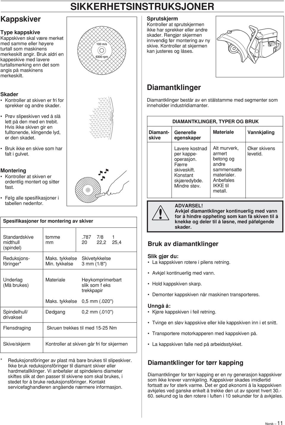 SIKKERHETSINSTRUKSJONER Sprutskjerm Kontroller at sprutskjermen ikke har sprekker eller andre skader. Rengjør skjermen innvendig før montering av ny skive.