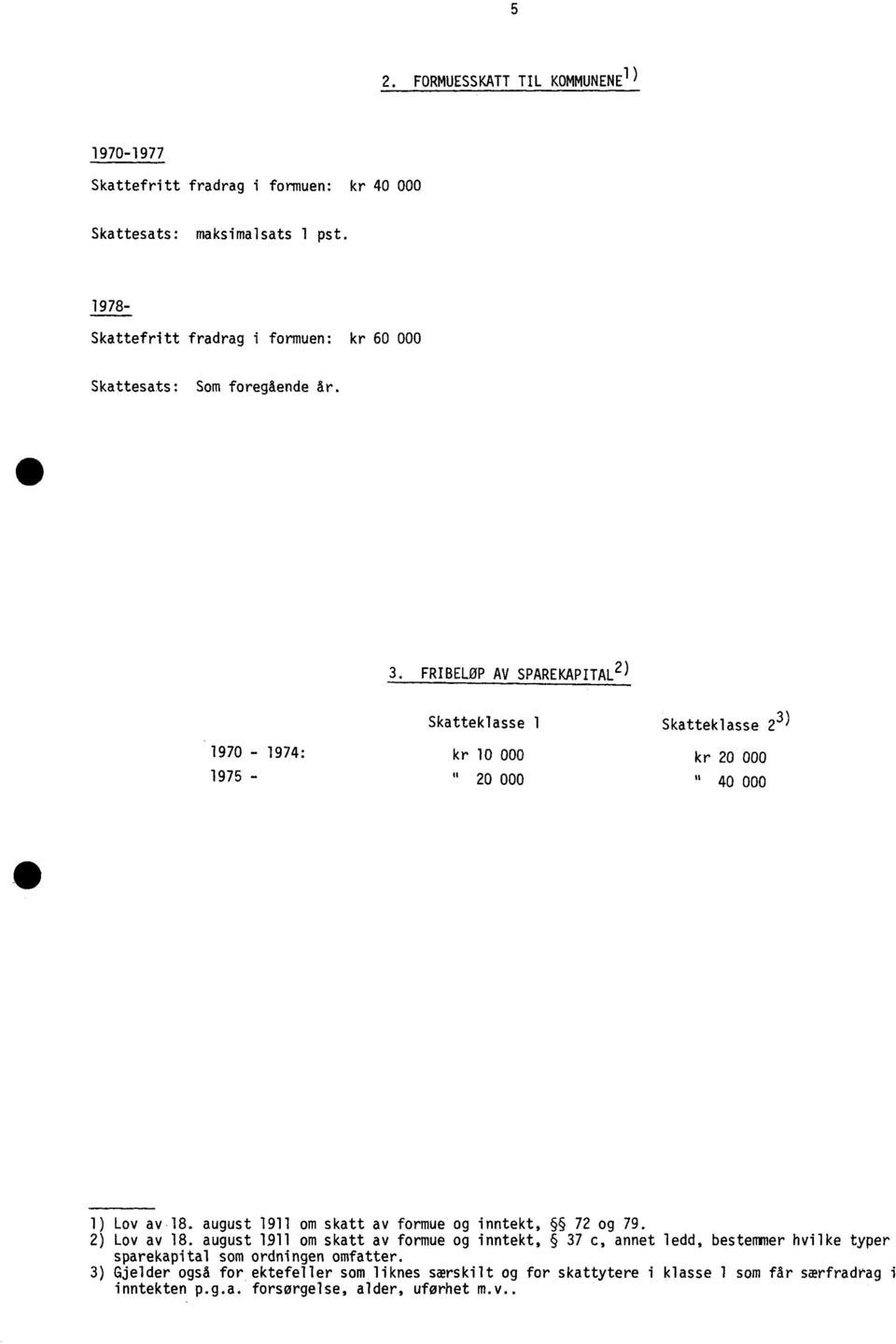 FRIBELØP AV SPAREKAPITAL 2) Skatteklasse 1 Skatteklasse 2 3) 1970-1974: kr 10 000 kr 20 000 1975 - " 20 000 " 40 000 1) Lov av 18.