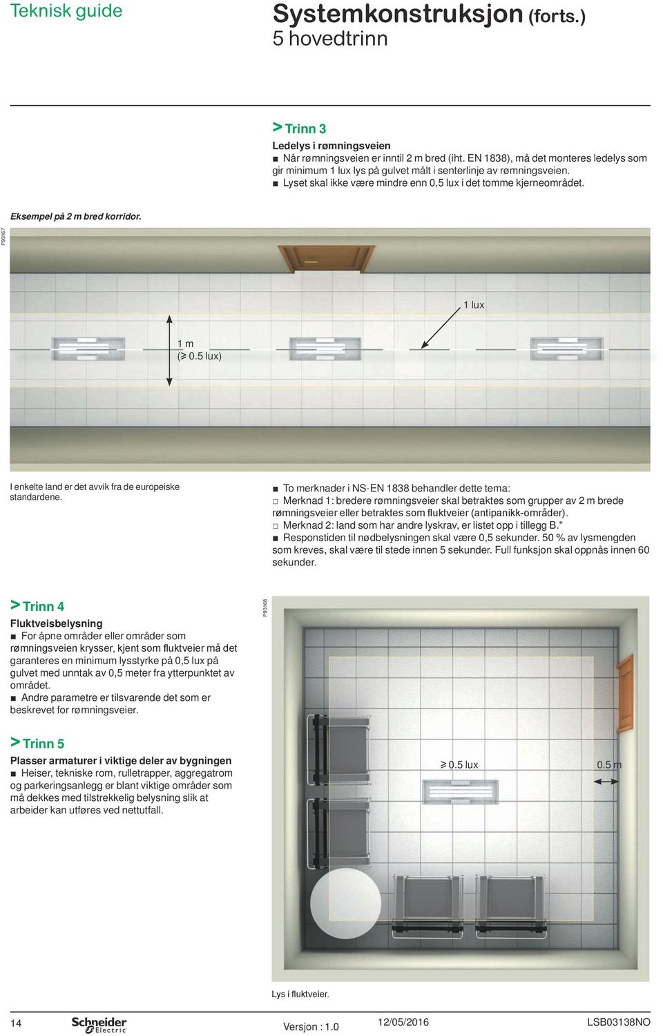 Eksempel på 2 m bred korridor. P93167 1 lux 1 m (u 0.5 lux) I enkelte land er det avvik fra de europeiske standardene.