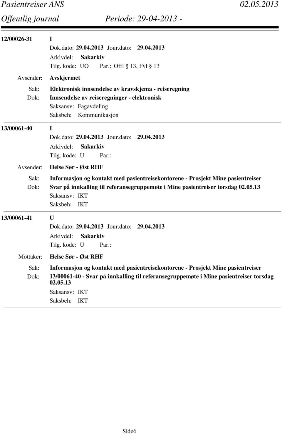 Kommunikasjon 13/00061-40 I Helse Sør - Øst RHF Informasjon og kontakt med pasientreisekontorene - Prosjekt Mine pasientreiser Svar på innkalling
