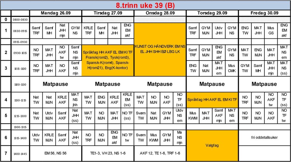 Spansk-K(rom4), Spansk- H(rom21), Eng(K-kontor) KUT OG HÅNDVERK EL SHH EØ LBG LK CMK 110 0-113 0 4 113 0-12 15 jhh