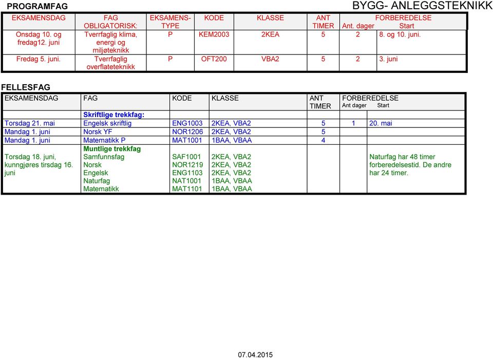 P OFT200 VBA2 5 2 3. juni FELLES EKSAENSDAG Skriftlige trekkfag: Torsdag 21. mai skriftlig ENG1003 2KEA, VBA2 5 1 20. mai andag 1.