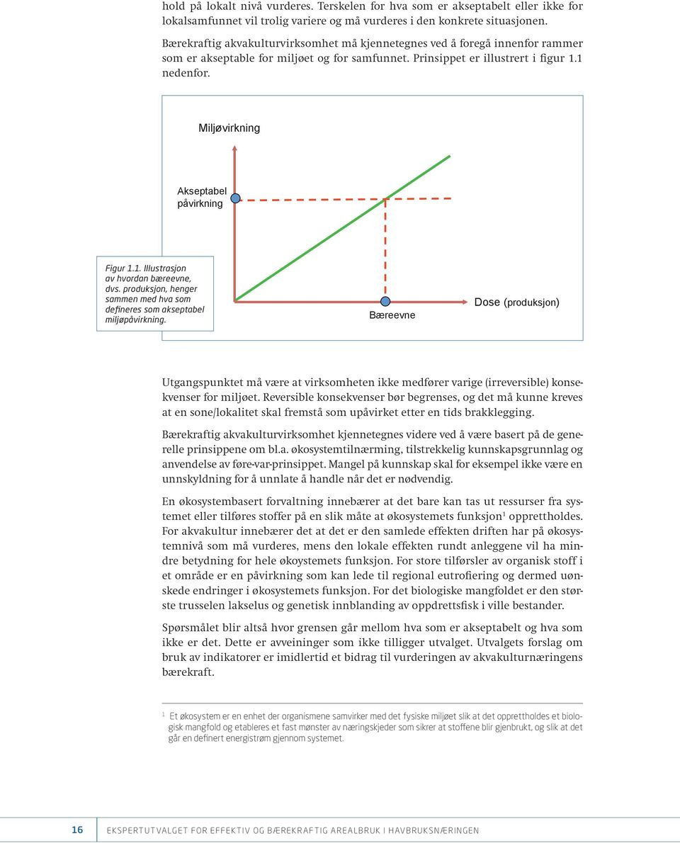 Miljøvirkning Akseptabel påvirkning Figur 1.1. Illustrasjon av hvordan bæreevne, dvs. produksjon, henger sammen med hva som defineres som akseptabel miljøpåvirkning.