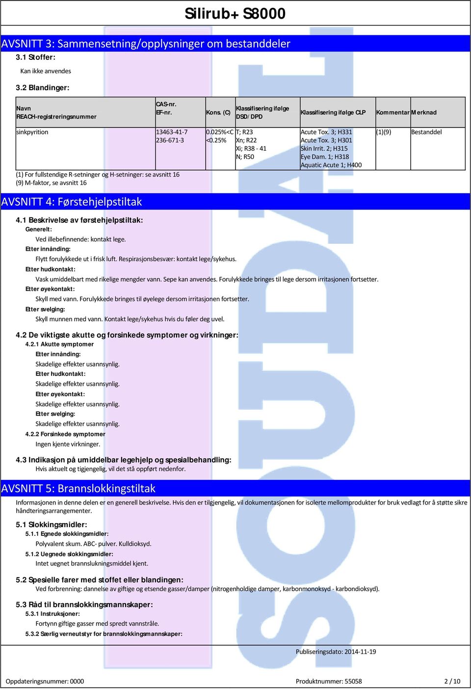 4: Førstehjelpstiltak 0.025%<C <0.25% T; R23 Xn; R22 Xi; R38-41 N; R50 Acute Tox. 3; H331 Acute Tox. 3; H301 Skin Irrit. 2; H315 Eye Dam. 1; H318 Aquatic Acute 1; H400 4.