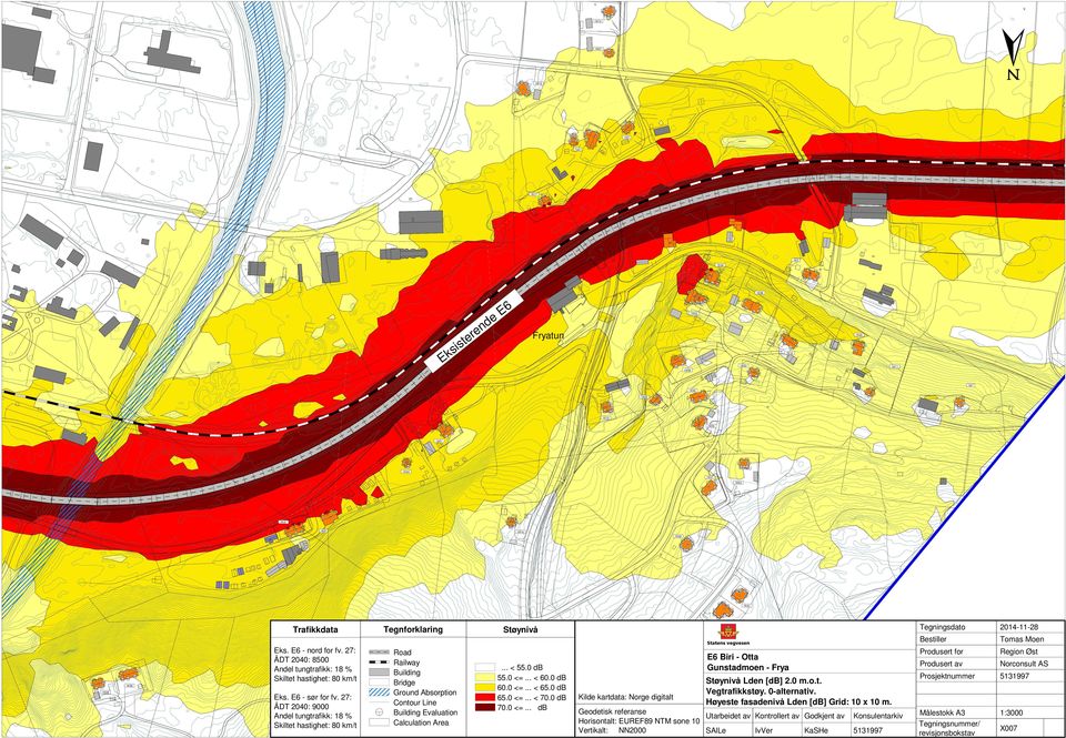 27: ÅDT 2040: 80 Eks. E6 - sør for fv. 27: ÅDT 2040: 9000 Bridge Fryatun... <.0 db.0 <=... <.0 db.0 <=... <.0 db.0 <=... < 70.