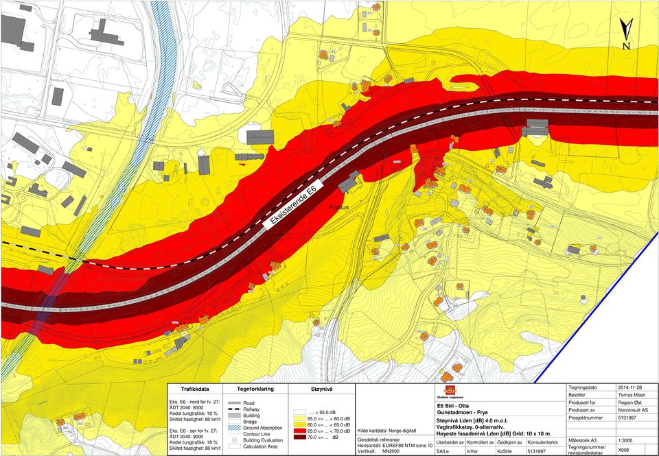 27: ÅDT 2040: 80 Eks. E6 - sør for fv. 27: ÅDT 2040: 9000 Bridge Fryatun... <.0 db.0 <=... <.0 db.0 <=... <.0 db.0 <=... < 70.