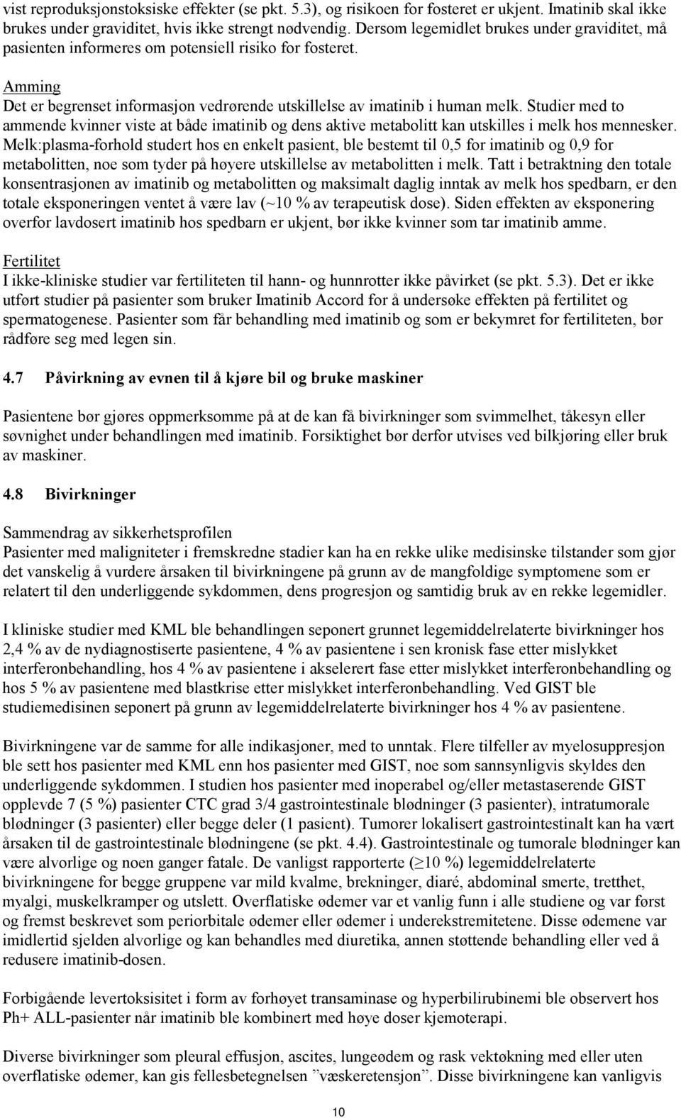 Studier med to ammende kvinner viste at både imatinib og dens aktive metabolitt kan utskilles i melk hos mennesker.