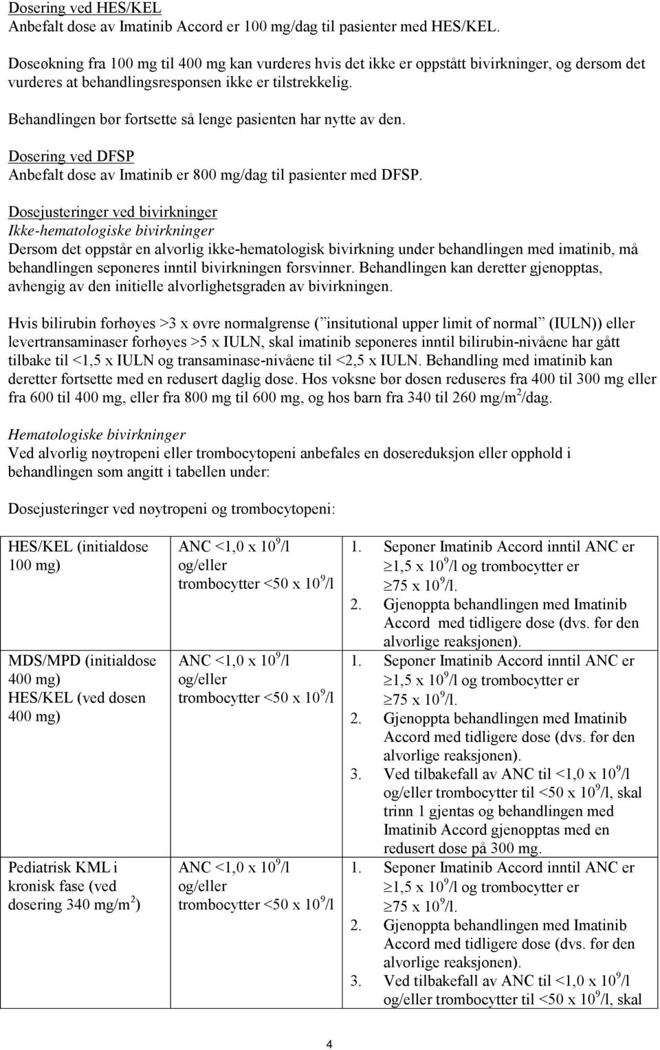 Behandlingen bør fortsette så lenge pasienten har nytte av den. Dosering ved DFSP Anbefalt dose av Imatinib er 800 mg/dag til pasienter med DFSP.