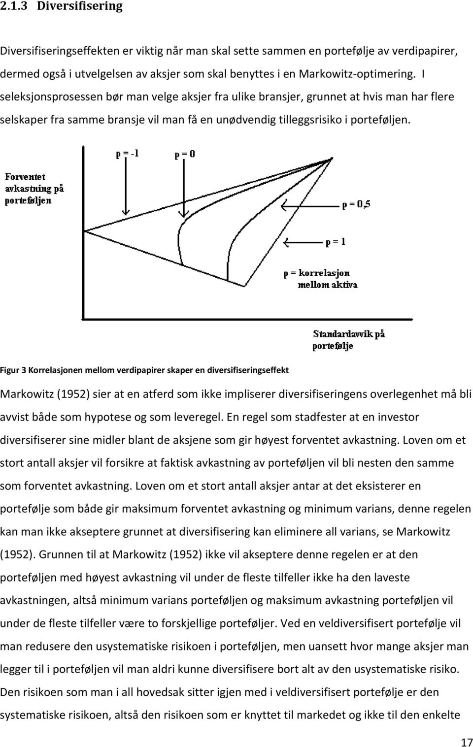 Figur 3 Korrelasjonen mellom verdipapirer skaper en diversifiseringseffekt Markowitz (1952) sier at en atferd som ikke impliserer diversifiseringens overlegenhet må bli avvist både som hypotese og