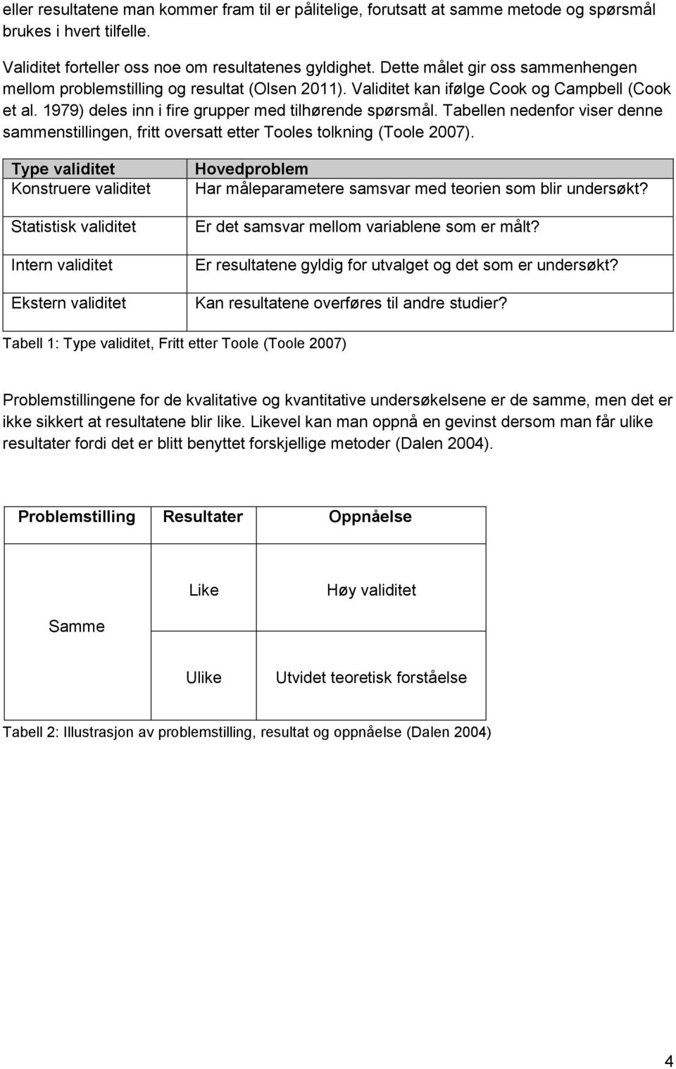 Tabellen nedenfor viser denne sammenstillingen, fritt oversatt etter Tooles tolkning (Toole 2007).