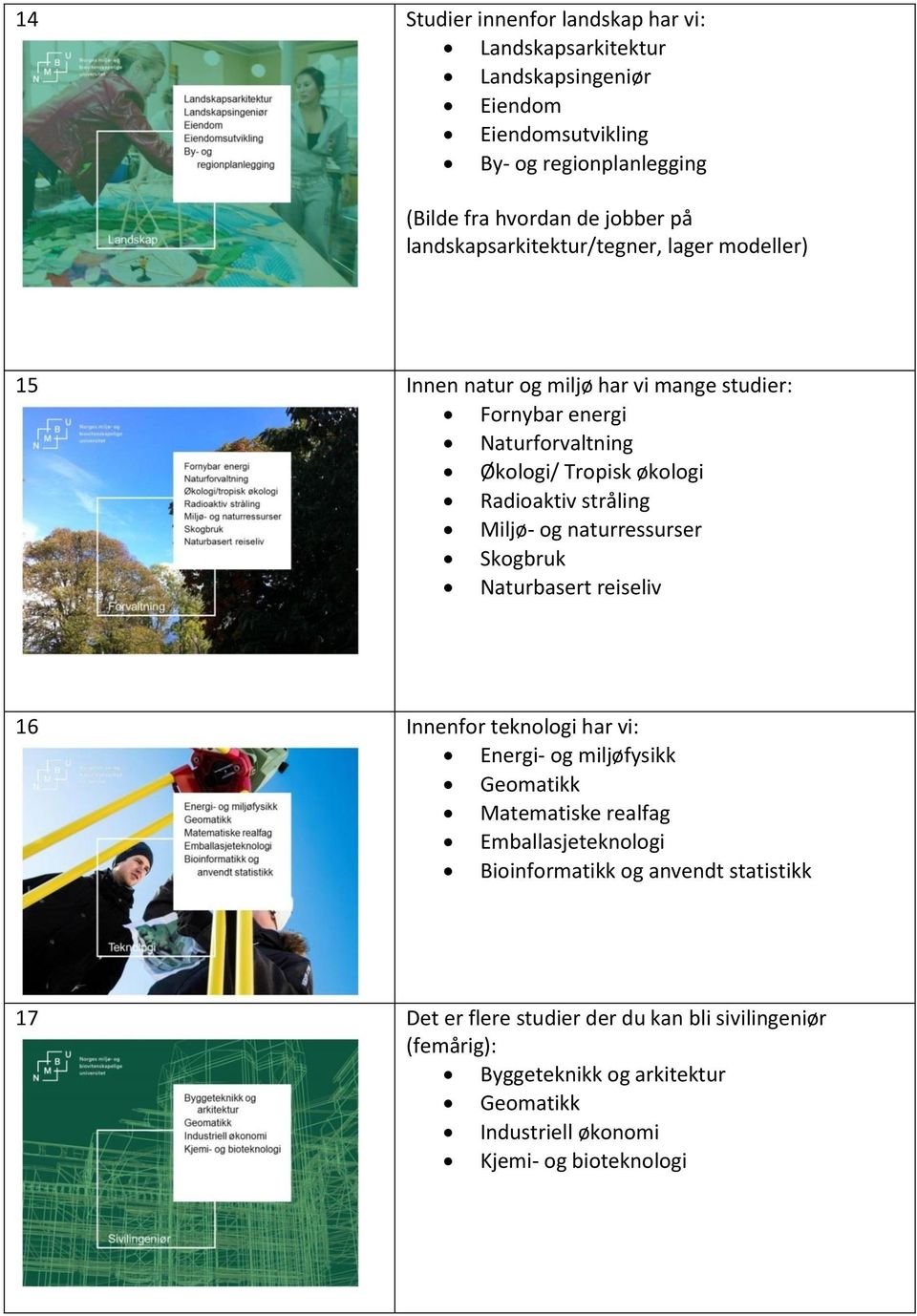 stråling Miljø- og naturressurser Skogbruk Naturbasert reiseliv 16 Innenfor teknologi har vi: Energi- og miljøfysikk Geomatikk Matematiske realfag