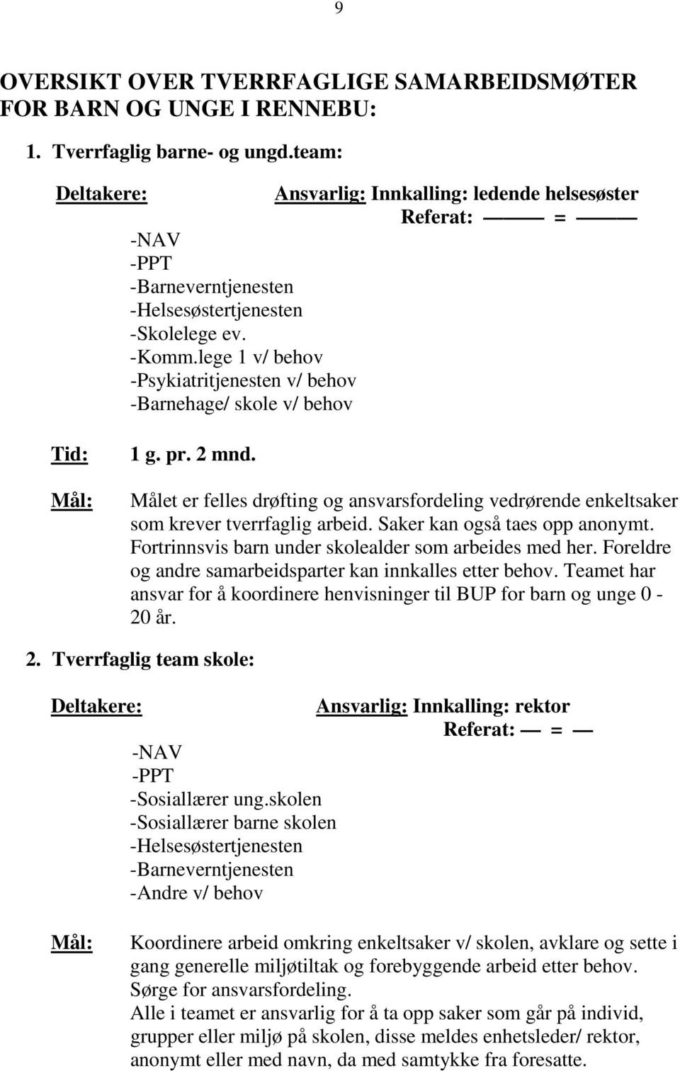 lege 1 v/ behov -Psykiatritjenesten v/ behov -Barnehage/ skole v/ behov Tid: Mål: 1 g. pr. 2 mnd. Målet er felles drøfting og ansvarsfordeling vedrørende enkeltsaker som krever tverrfaglig arbeid.