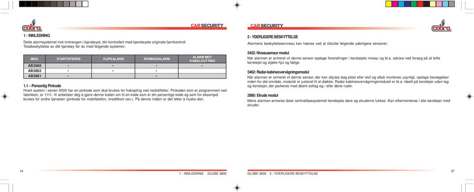 STARTSPERRE KUPEALARM ÅPNINGSALAR M ALARM MOT KABELKUTTING A B3868 A B3863 A B3861 1.1 Personlig Pinkode Hvert system i serien 3000 har en pinkode som skal brukes for frakopling ved nødstilfeller.