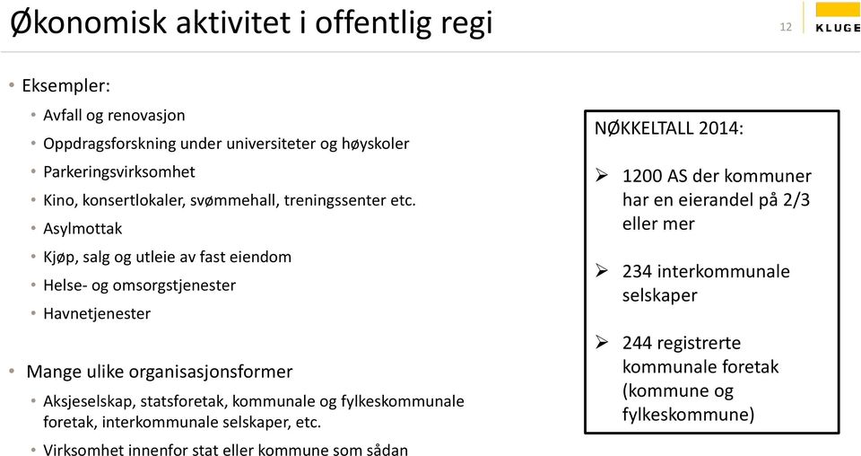 Asylmottak Kjøp, salg og utleie av fast eiendom Helse- og omsorgstjenester Havnetjenester Mange ulike organisasjonsformer Aksjeselskap, statsforetak,