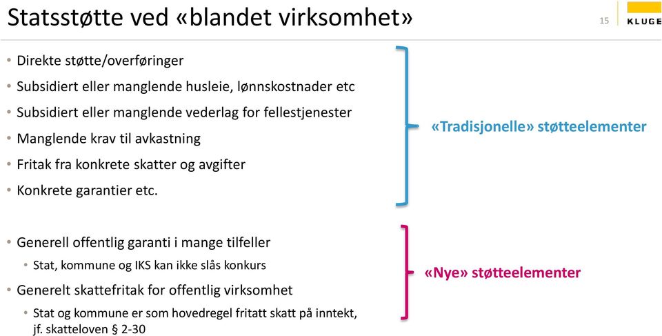 etc. «Tradisjonelle» støtteelementer 15 Generell offentlig garanti i mange tilfeller Stat, kommune og IKS kan ikke slås konkurs