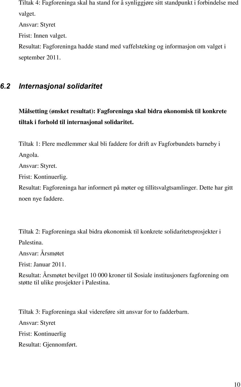 2 Internasjonal solidaritet Målsetting (ønsket resultat): Fagforeninga skal bidra økonomisk til konkrete tiltak i forhold til internasjonal solidaritet.