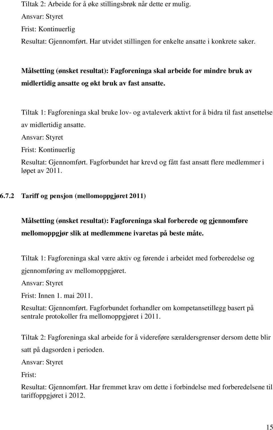 Tiltak 1: Fagforeninga skal bruke lov- og avtaleverk aktivt for å bidra til fast ansettelse av midlertidig ansatte. Resultat: Gjennomført.