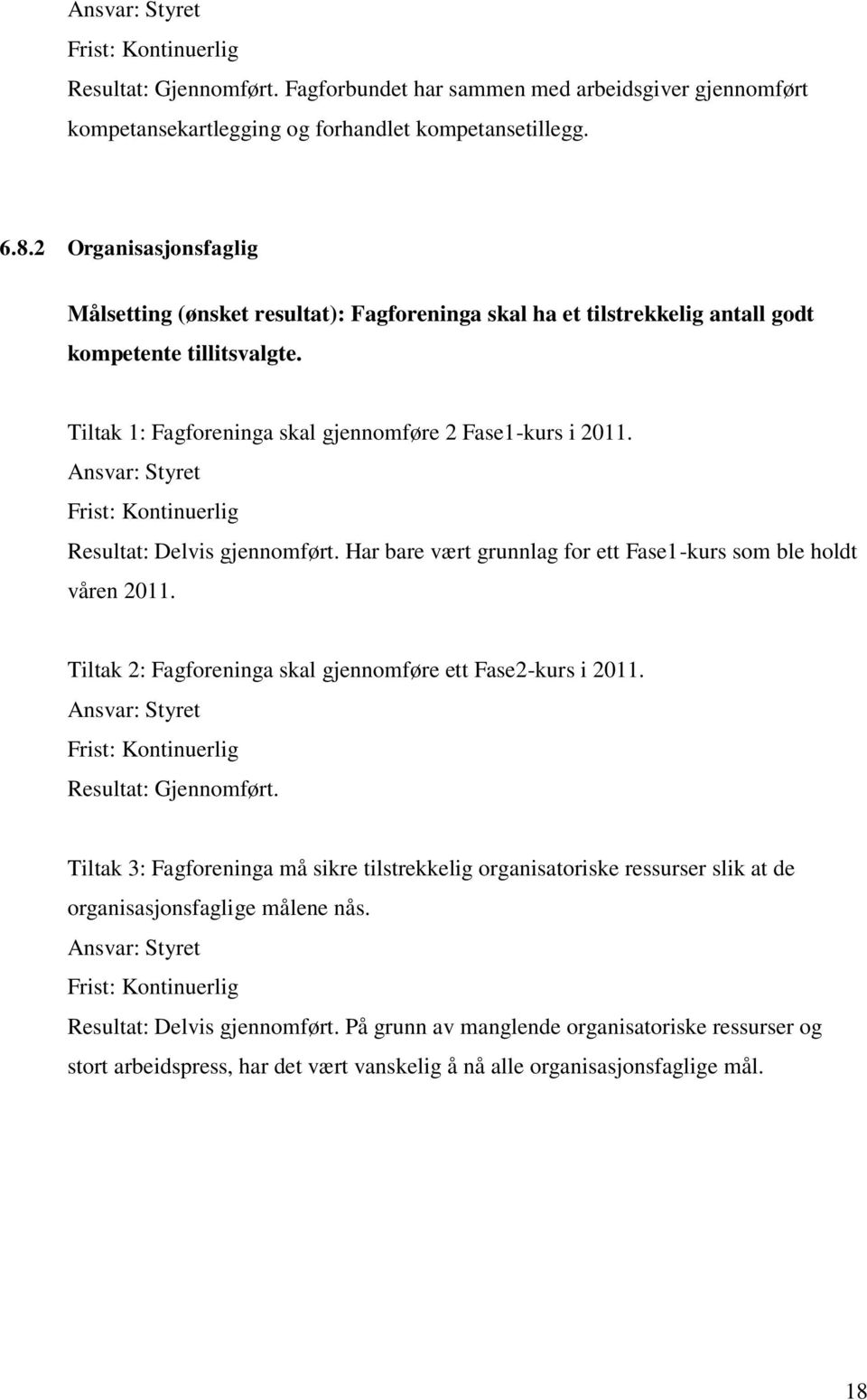 Resultat: Delvis gjennomført. Har bare vært grunnlag for ett Fase1-kurs som ble holdt våren 2011. Tiltak 2: Fagforeninga skal gjennomføre ett Fase2-kurs i 2011. Resultat: Gjennomført.