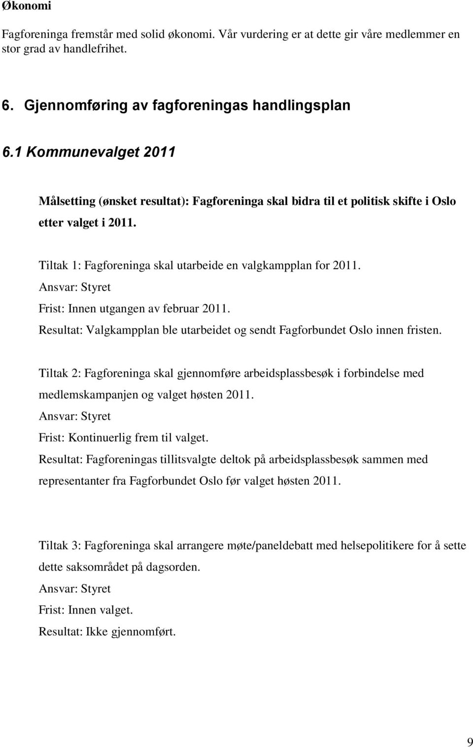 Frist: Innen utgangen av februar 2011. Resultat: Valgkampplan ble utarbeidet og sendt Fagforbundet Oslo innen fristen.