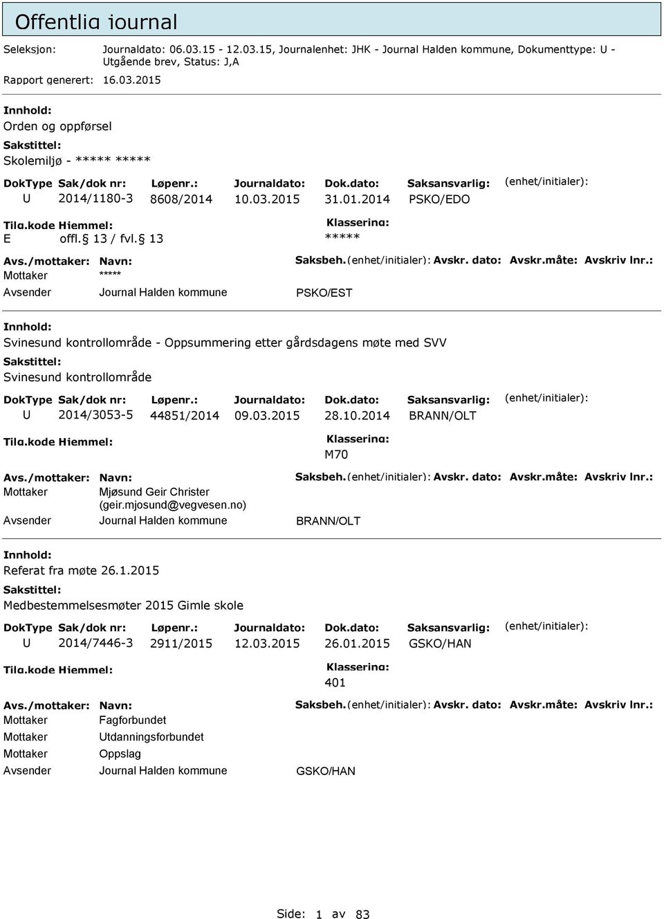 2014 BRANN/OLT M70 Avs./mottaker: Navn: Saksbeh. Avskr. dato: Avskr.måte: Avskriv lnr.: Mjøsund Geir Christer (geir.mjosund@vegvesen.no) BRANN/OLT Referat fra møte 26.1.2015 Medbestemmelsesmøter 2015 Gimle skole 2014/7446-3 2911/2015 26.