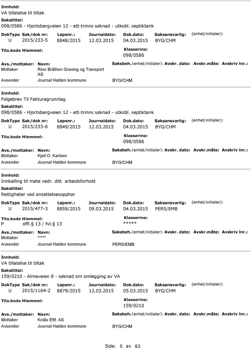 2015 BYG/CHM 098/0586 Avs./mottaker: Navn: Saksbeh. Avskr. dato: Avskr.måte: Avskriv lnr.: Kjell O. Karlsen BYG/CHM Innkalling til møte vedr.