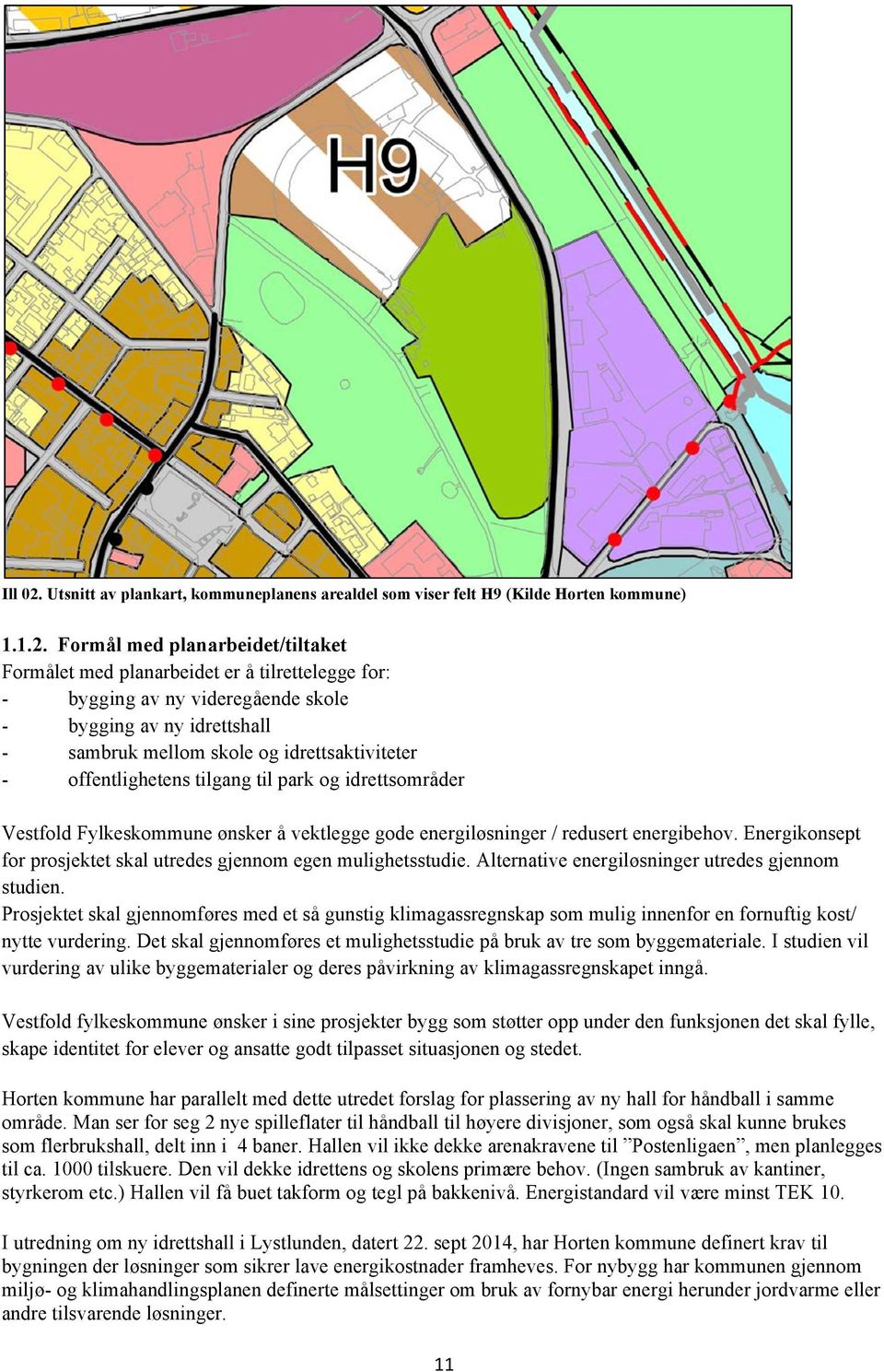 Formål med planarbeidet/tiltaket Formålet med planarbeidet er å tilrettelegge for: - bygging av ny videregående skole - bygging av ny idrettshall - sambruk mellom skole og idrettsaktiviteter -