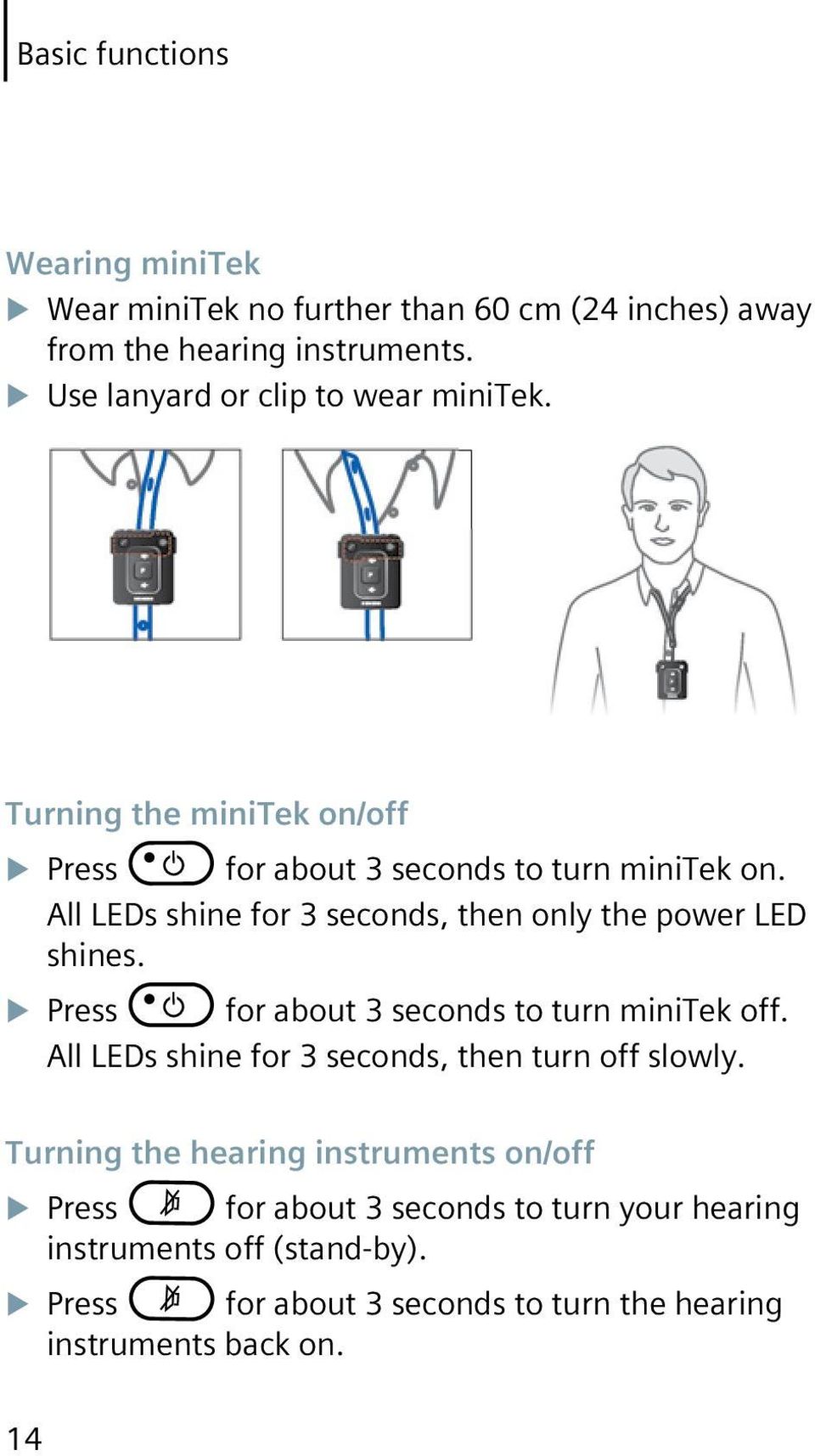 All LEDs shine for 3 seconds, then only the power LED shines. Press for about 3 seconds to turn minitek off.