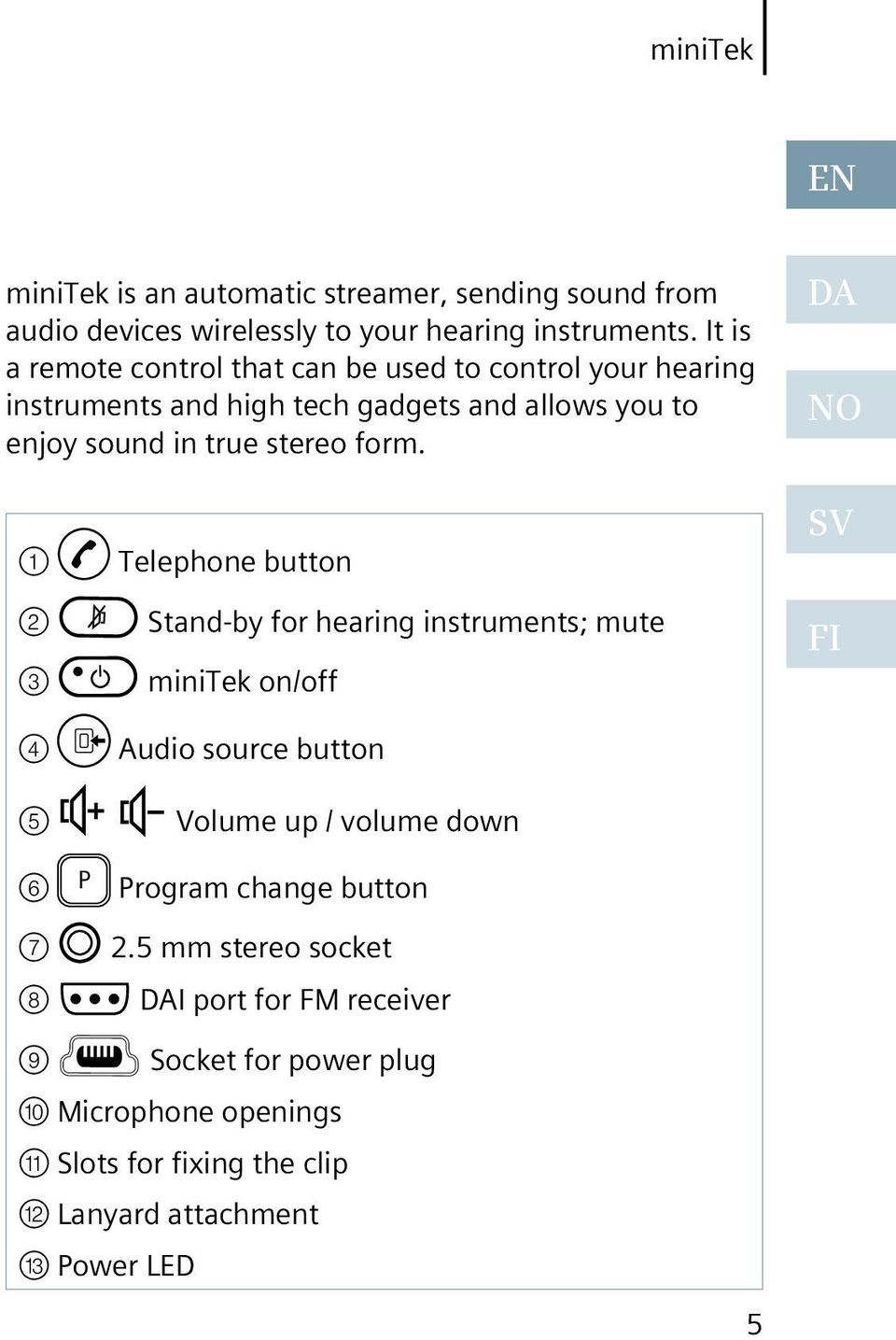 DA NO 1 2 3 4 5 Telephone button Stand-by for hearing instruments; mute minitek on/off Audio source button Volume up / volume down SV FI 6 P