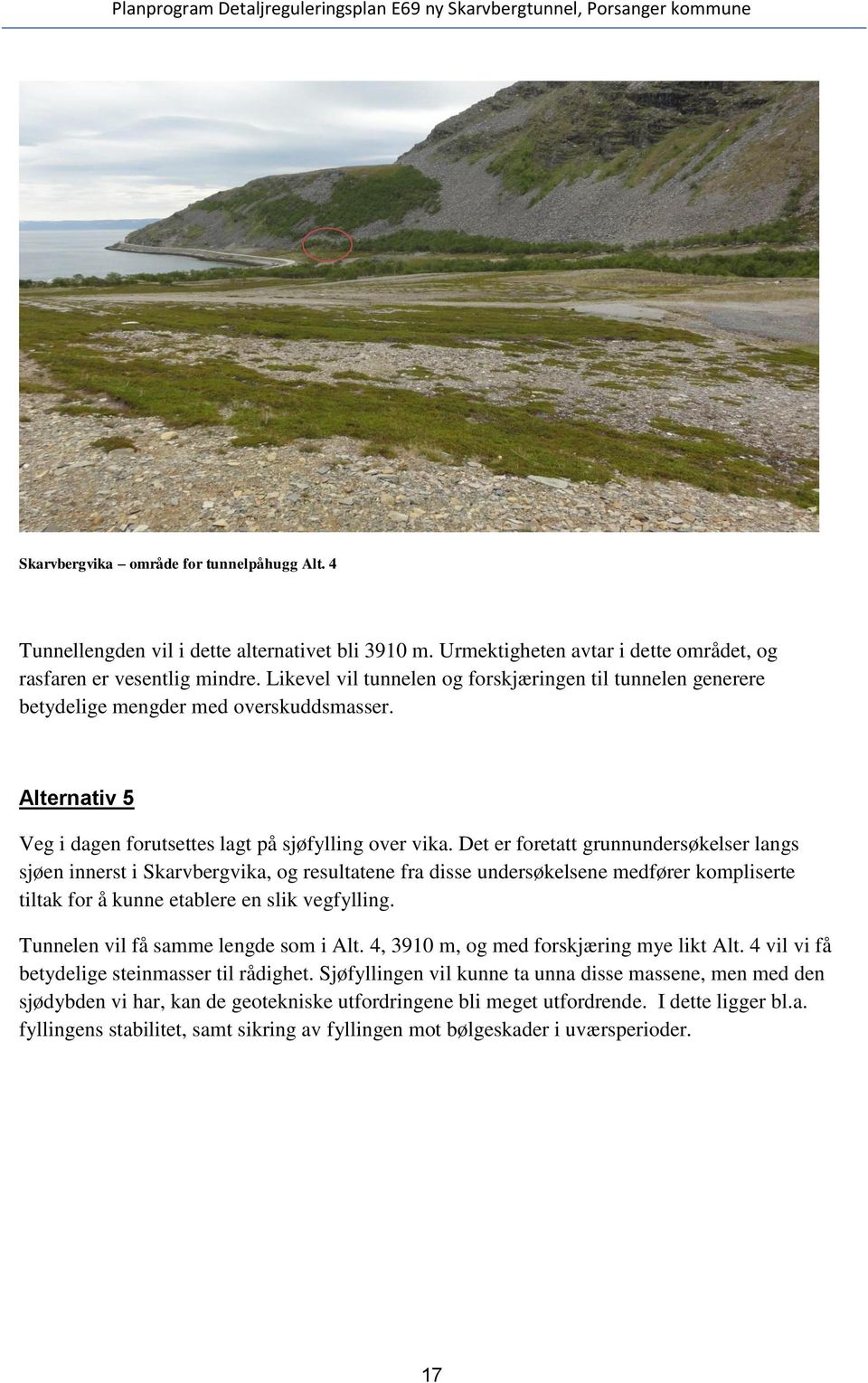 Det er foretatt grunnundersøkelser langs sjøen innerst i Skarvbergvika, og resultatene fra disse undersøkelsene medfører kompliserte tiltak for å kunne etablere en slik vegfylling.