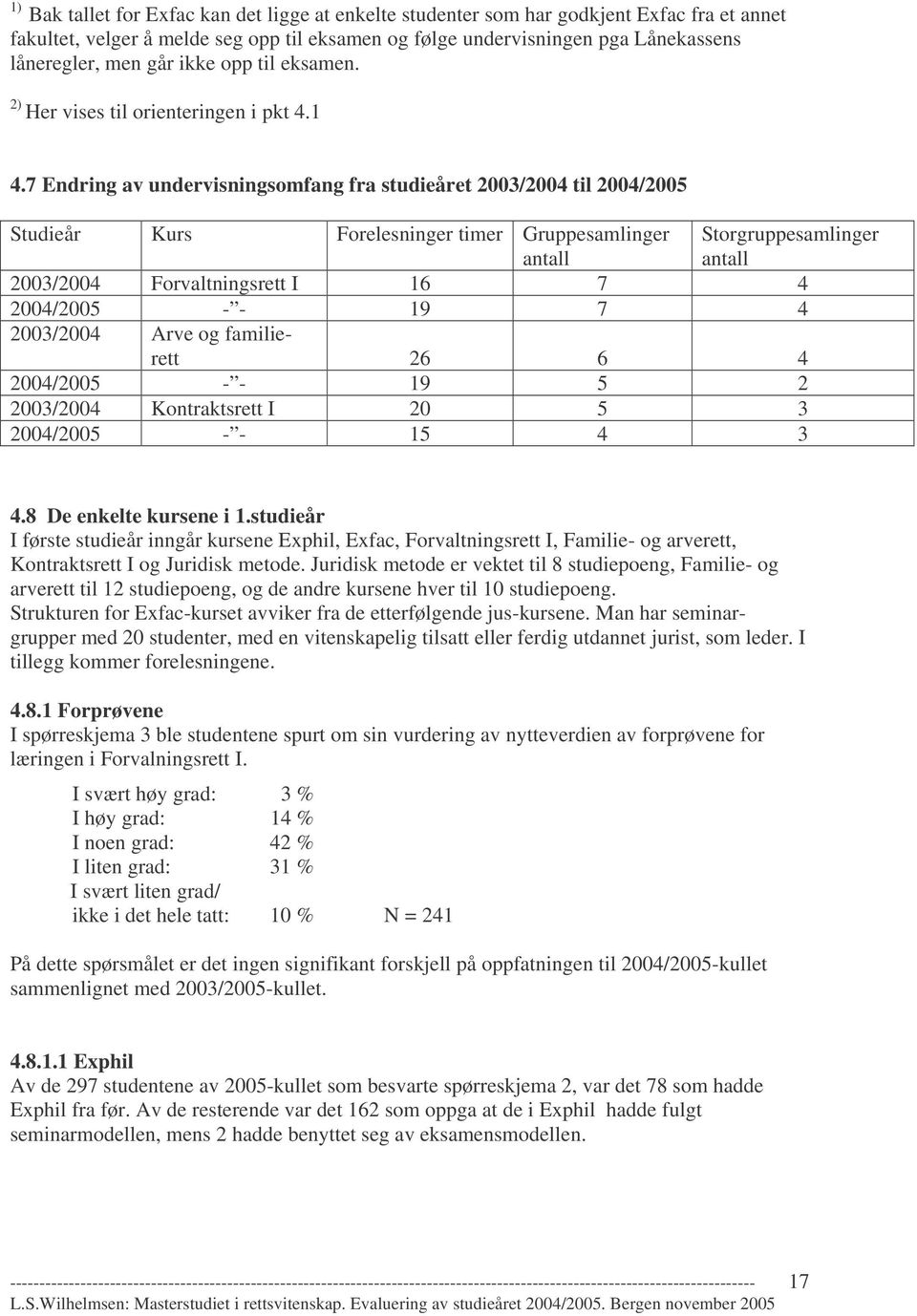 7 Endring av undervisningsomfang fra studieåret 2003/2004 til 2004/2005 Studieår Kurs Forelesninger timer Gruppesamlinger antall Storgruppesamlinger antall 2003/2004 Forvaltningsrett I 16 7 4