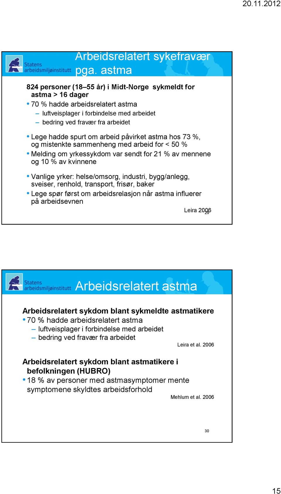 arbeid påvirket astma hos 73 %, og mistenkte sammenheng med arbeid for < 50 % Melding om yrkessykdom var sendt for 21 % av mennene og 10 % av kvinnene Vanlige yrker: helse/omsorg, industri,