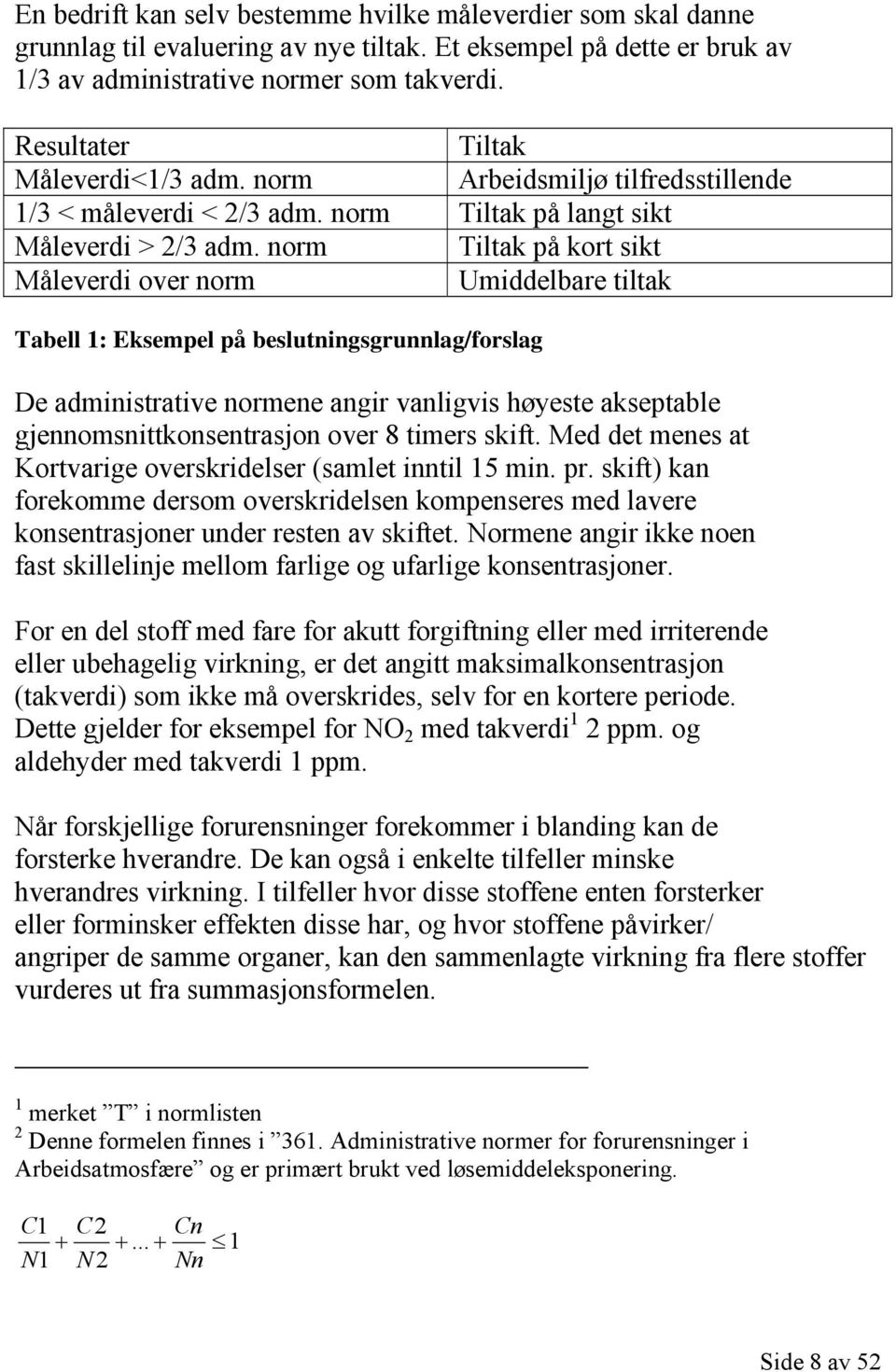 norm Tiltak på kort sikt Måleverdi over norm Umiddelbare tiltak Tabell 1: Eksempel på beslutningsgrunnlag/forslag De administrative normene angir vanligvis høyeste akseptable