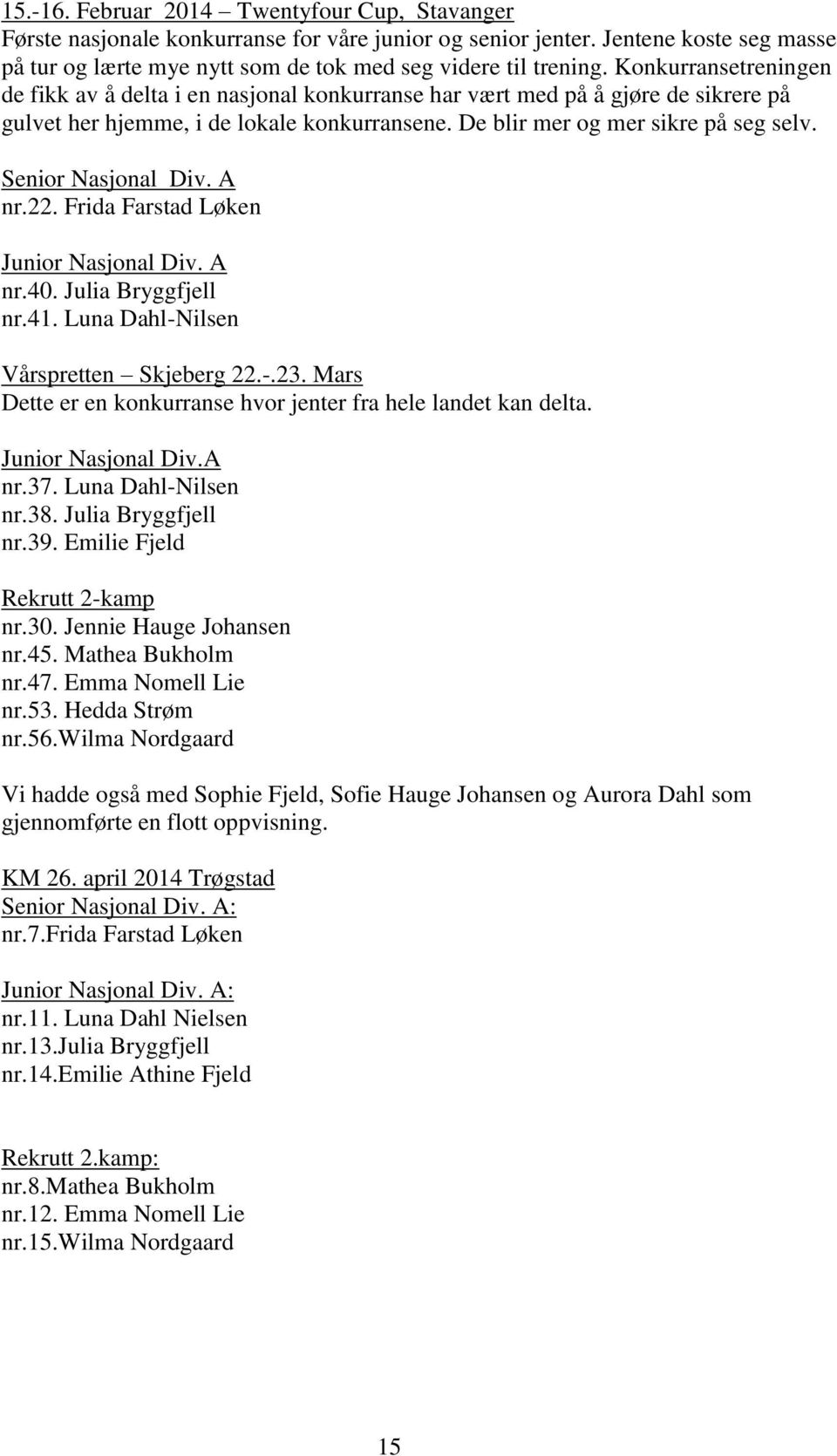 Senior Nasjonal Div. A nr.22. Frida Farstad Løken Junior Nasjonal Div. A nr.40. Julia Bryggfjell nr.41. Luna Dahl-Nilsen Vårspretten Skjeberg 22.-.23.