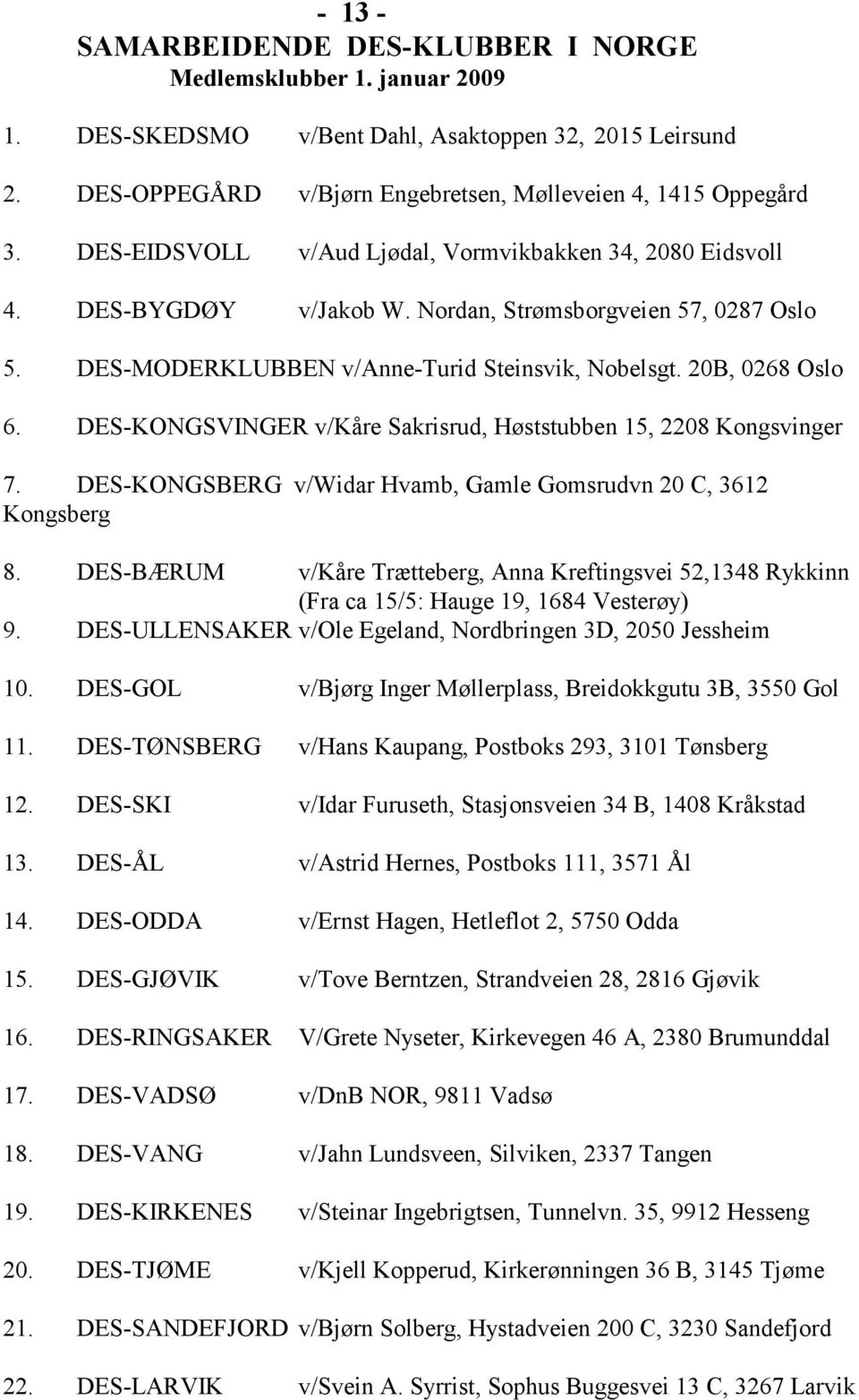 DES-KONGSVINGER v/kåre Sakrisrud, Høststubben 15, 2208 Kongsvinger 7. DES-KONGSBERG v/widar Hvamb, Gamle Gomsrudvn 20 C, 3612 Kongsberg 8.