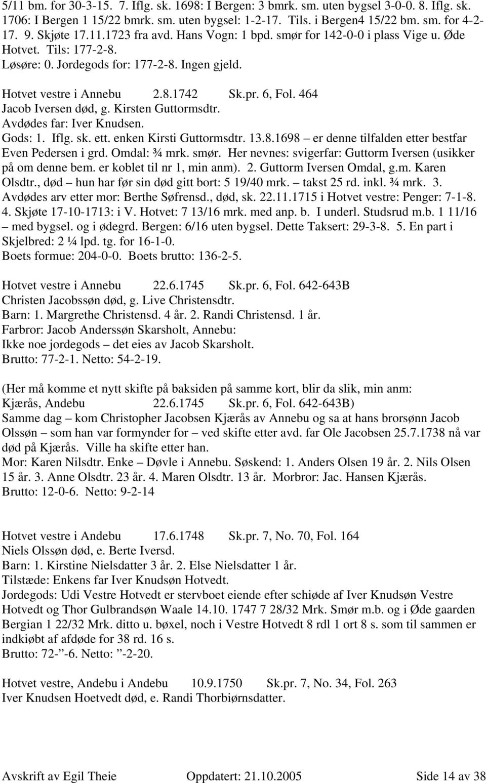 464 Jacob Iversen død, g. Kirsten Guttormsdtr. Avdødes far: Iver Knudsen. Gods: 1. Iflg. sk. ett. enken Kirsti Guttormsdtr. 13.8.1698 er denne tilfalden etter bestfar Even Pedersen i grd.